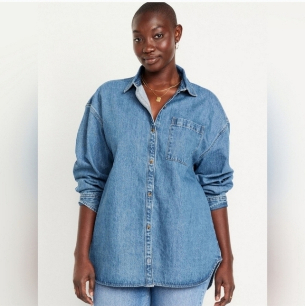 Old Navy Boyfriend Button-Down Jean Denim Tunic light wash - Picture 6 of 6
